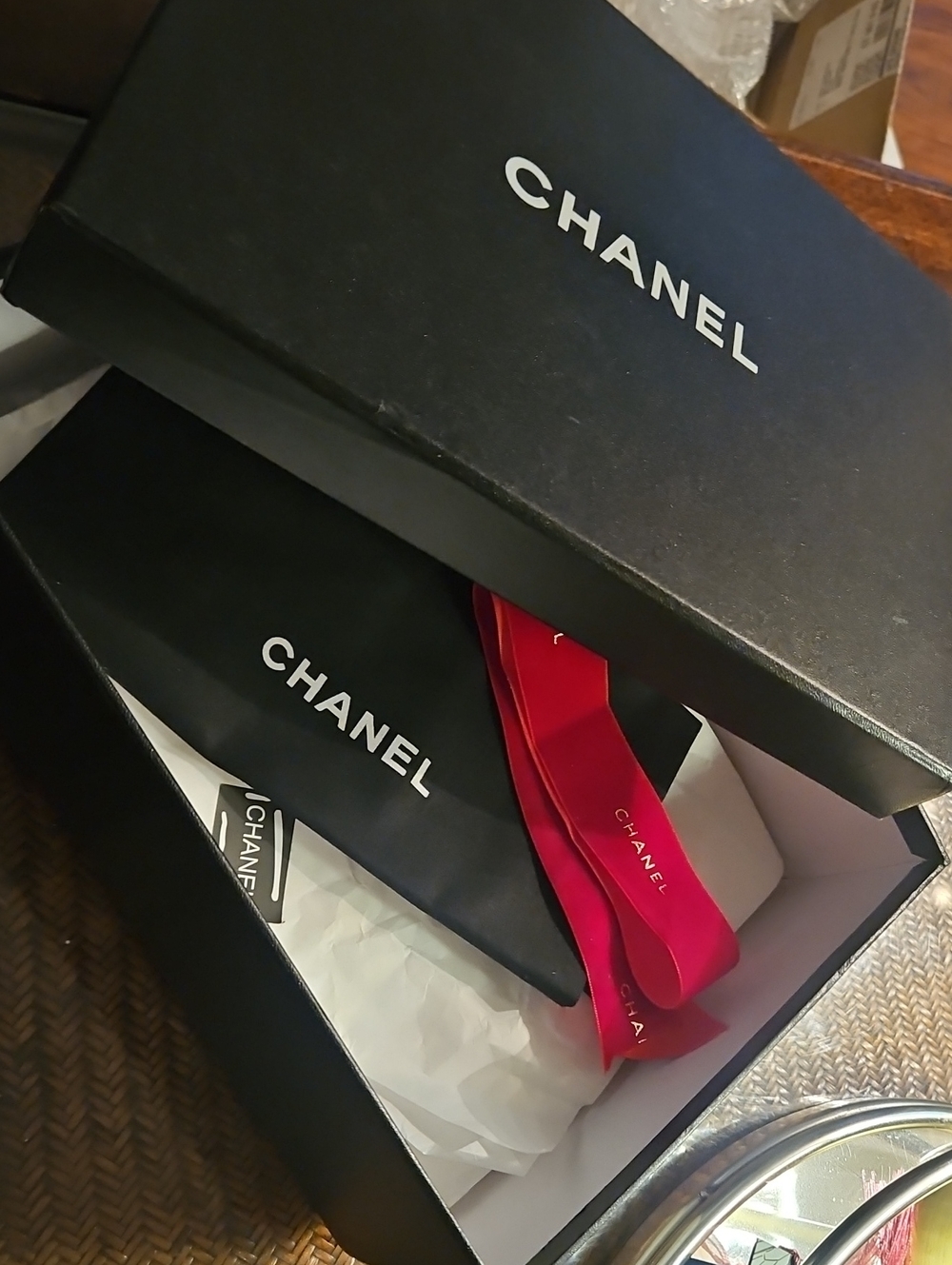 Chanel Empty Shoe Box With Dust Bag And Ribbon